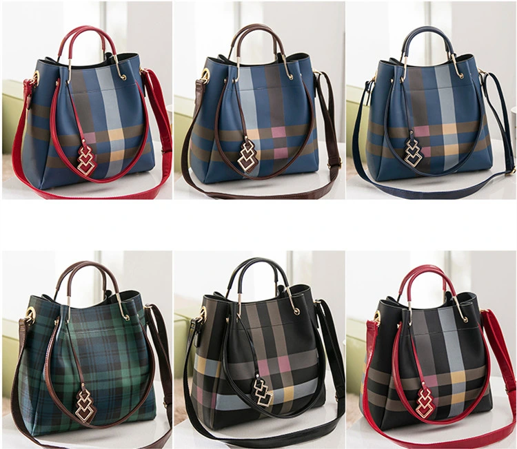 Classic Plaid Stripe Tote Small Plaid Bucket Women Split Leather Handbags Ladies Messenger Bags